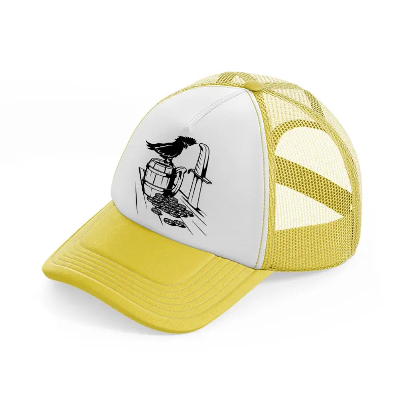 bird knife coins yellow trucker hat