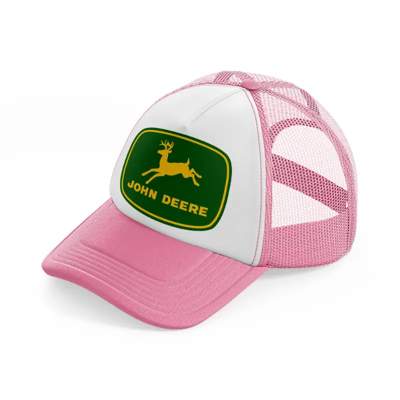 john deere green logo-pink-and-white-trucker-hat