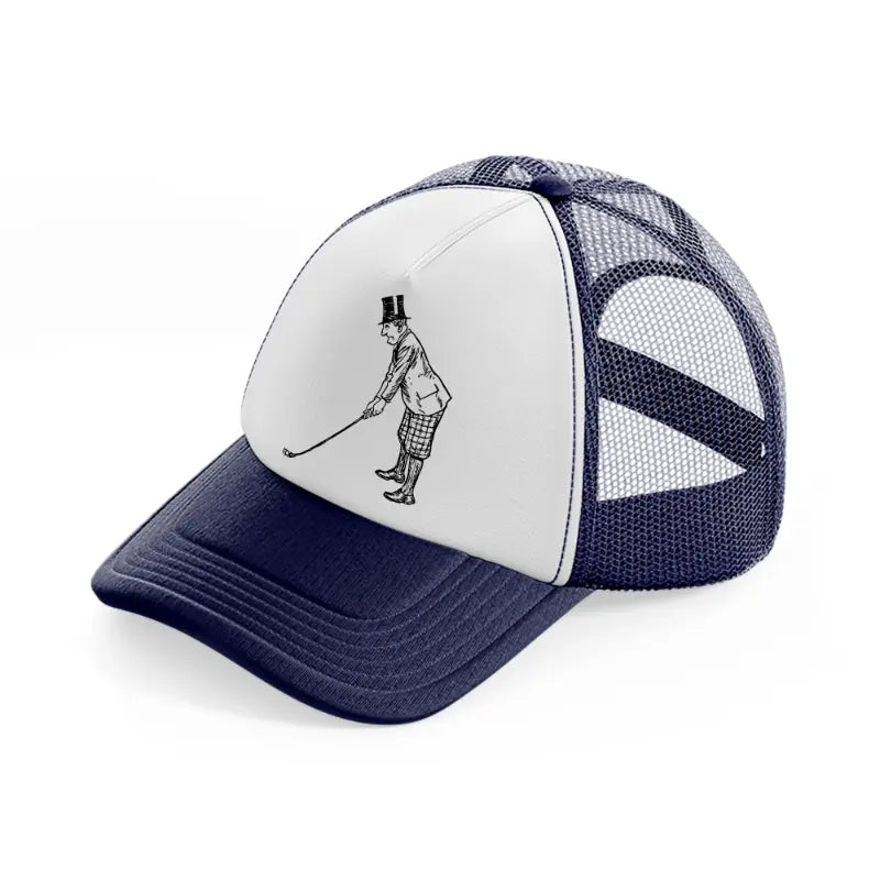 golfer with hat-navy-blue-and-white-trucker-hat