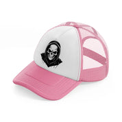 black hoodied skull-pink-and-white-trucker-hat