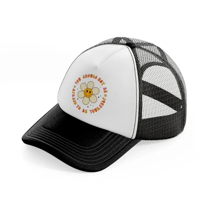 hippiehappy2-black-and-white-trucker-hat
