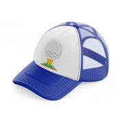 golf ball in grass-blue-and-white-trucker-hat