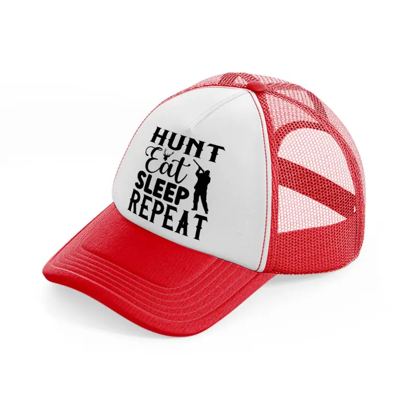 hunt eat sleep repeat-red-and-white-trucker-hat