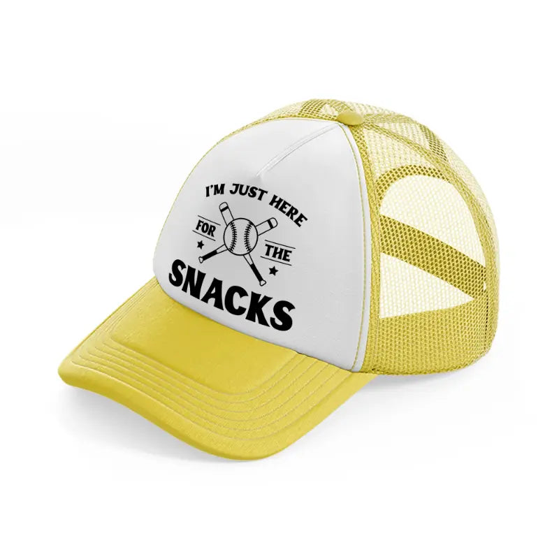 i'm just here for the snacks yellow trucker hat