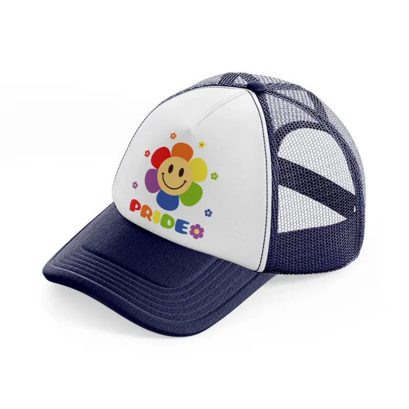pride smiley flower-navy-blue-and-white-trucker-hat