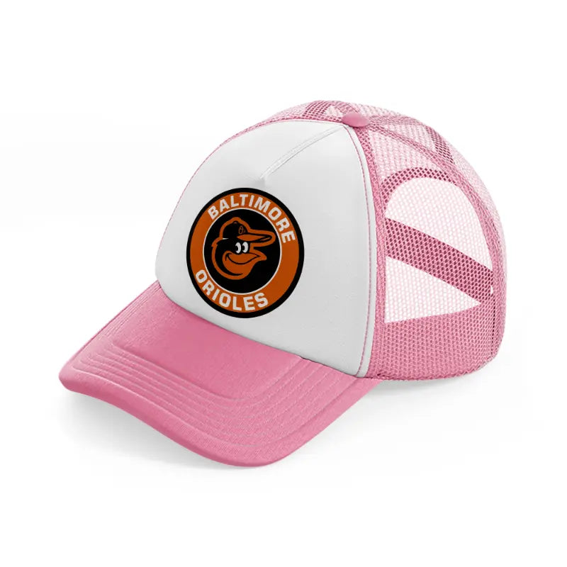 baltimore orioles retro badge-pink-and-white-trucker-hat