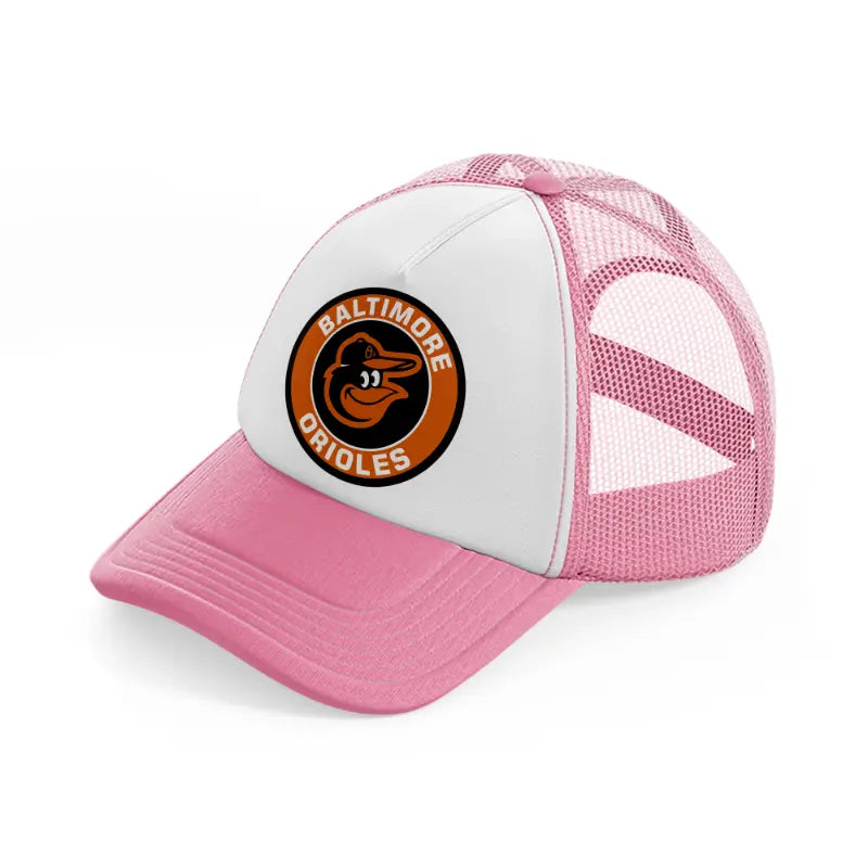 baltimore orioles retro badge pink and white trucker hat