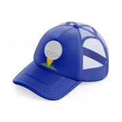 golf ball in grass blue trucker hat