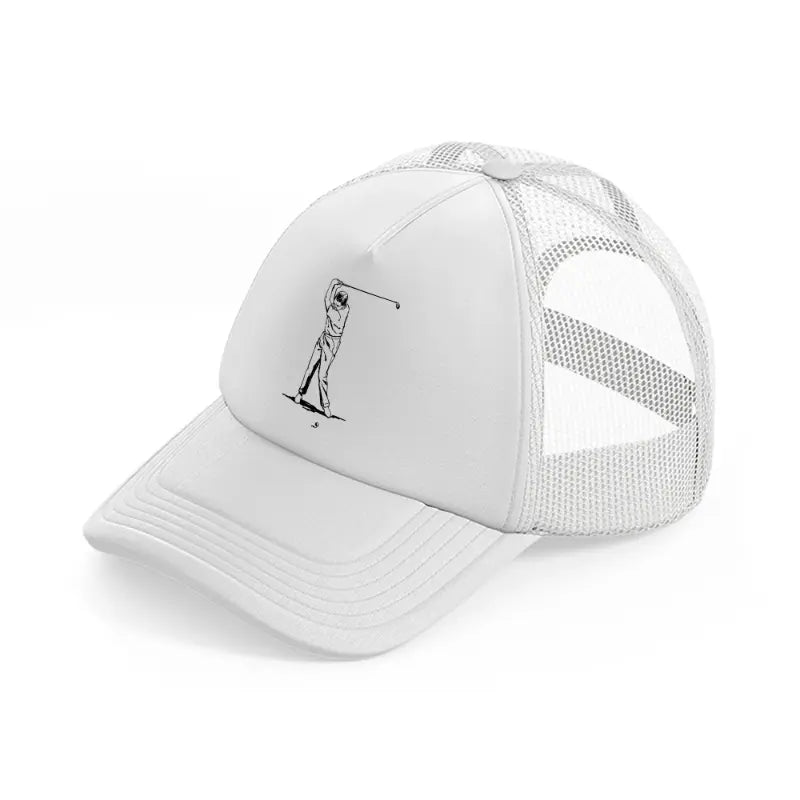 golfer taking shots b&w-white-trucker-hat