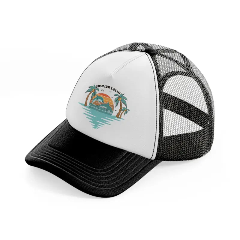 summer lovin dolphins-black-and-white-trucker-hat