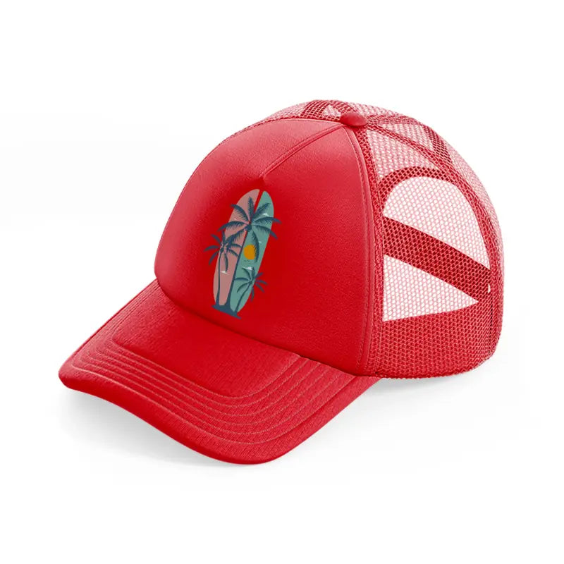 summer palm tree soft color surfing sunset-red-trucker-hat