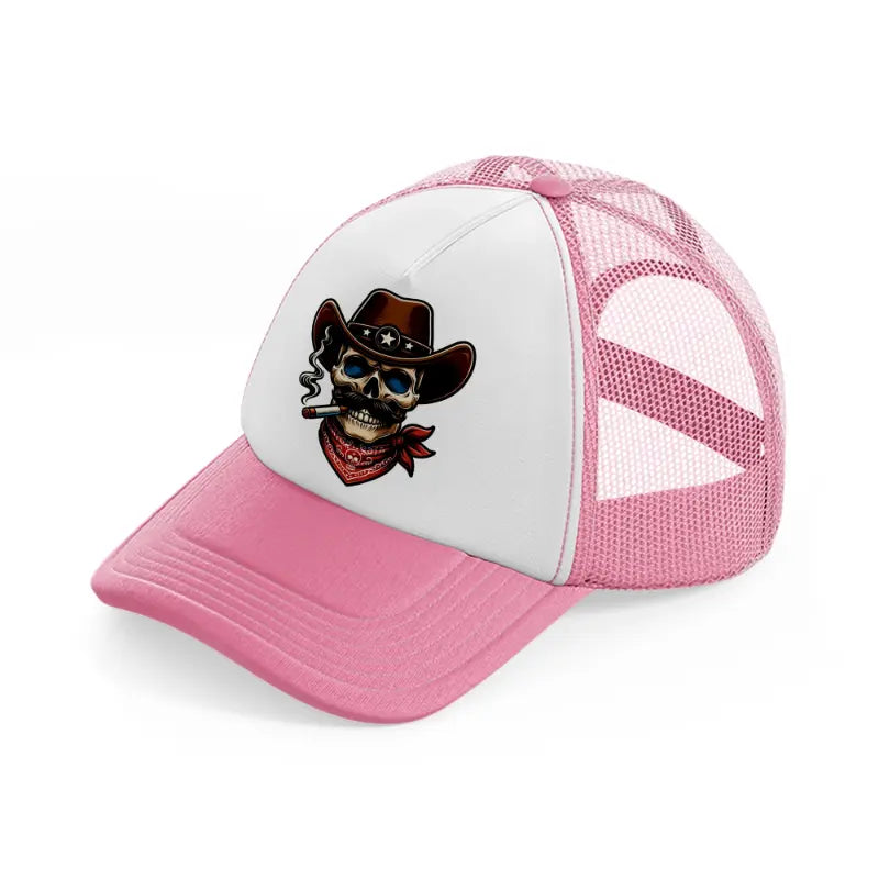 skull cowboy-pink-and-white-trucker-hat
