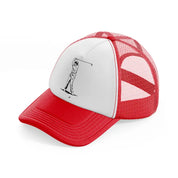golfer taking shots b&w-red-and-white-trucker-hat