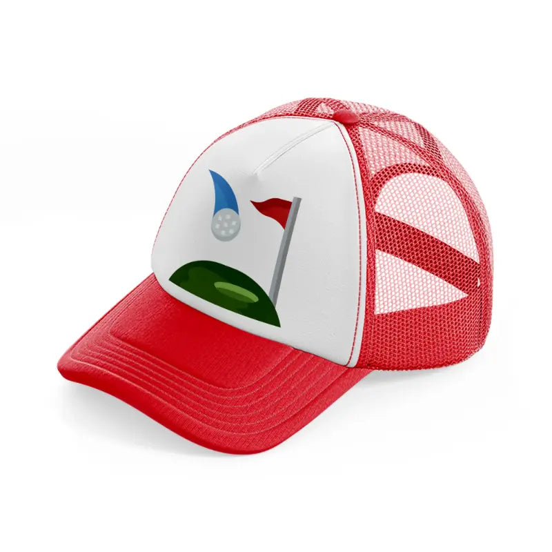 golfing cartoon-red-and-white-trucker-hat