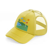 golf field river gold trucker hat