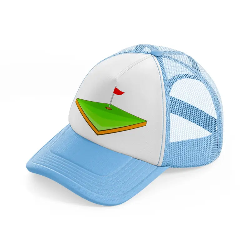 golf field sky blue trucker hat