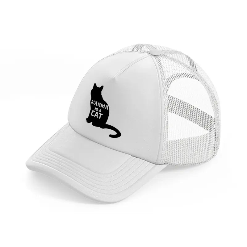 karma is a cat b&w-white-trucker-hat