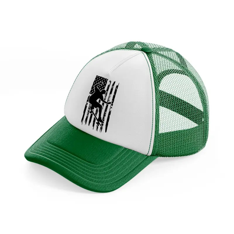 american flag skateboard-green-and-white-trucker-hat