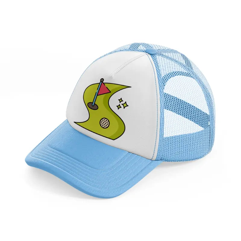 golf course-sky-blue-trucker-hat