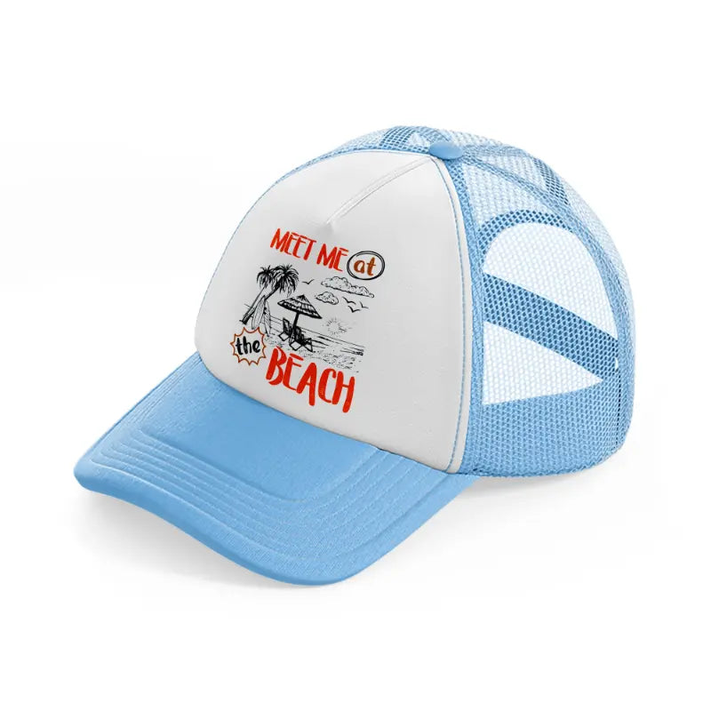 meet me at the beach sky blue trucker hat