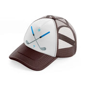 golf sticks. brown trucker hat