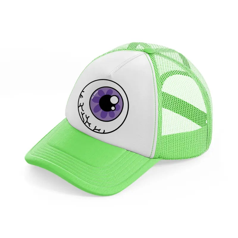 purple eyeball lime green trucker hat