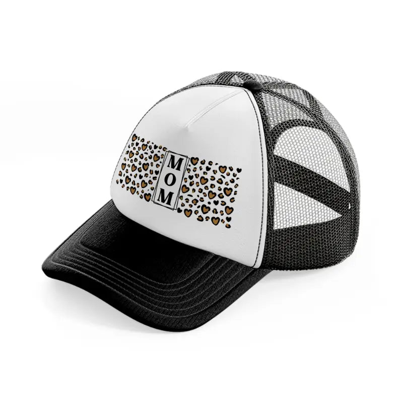 mom heart leopard print-black-and-white-trucker-hat