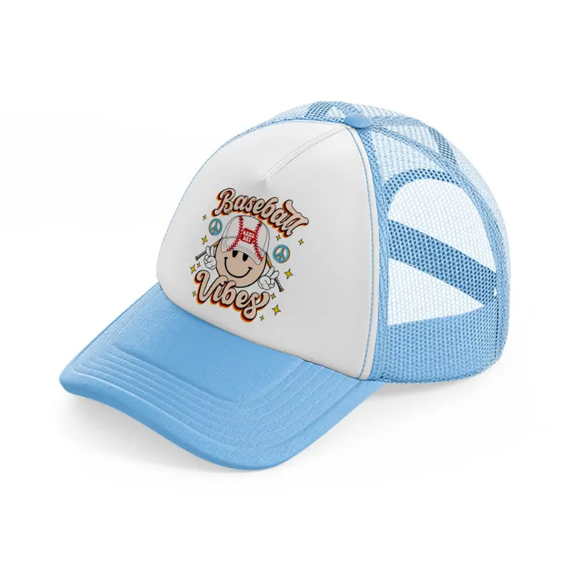 baseball vibes smiley-sky-blue-trucker-hat
