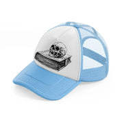 skull in book sky blue trucker hat