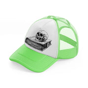 skull in book lime green trucker hat