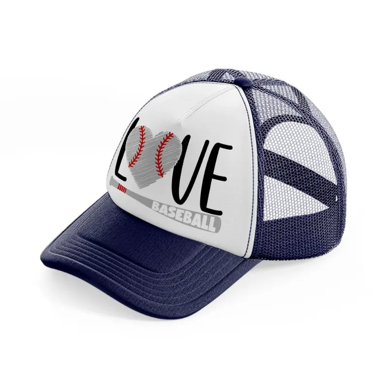 love baseball sticker-navy-blue-and-white-trucker-hat