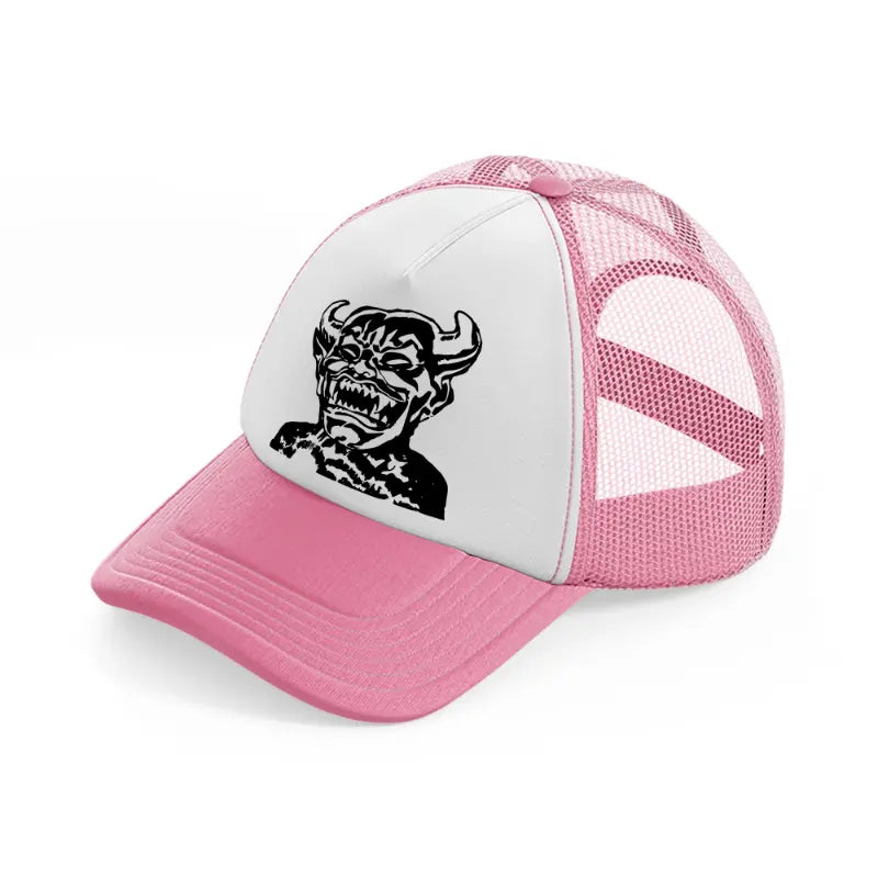 laughing devil pink and white trucker hat