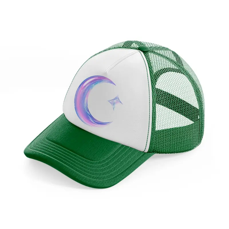 crescent moon with star-green-and-white-trucker-hat