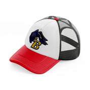 b emblem-red-and-black-trucker-hat