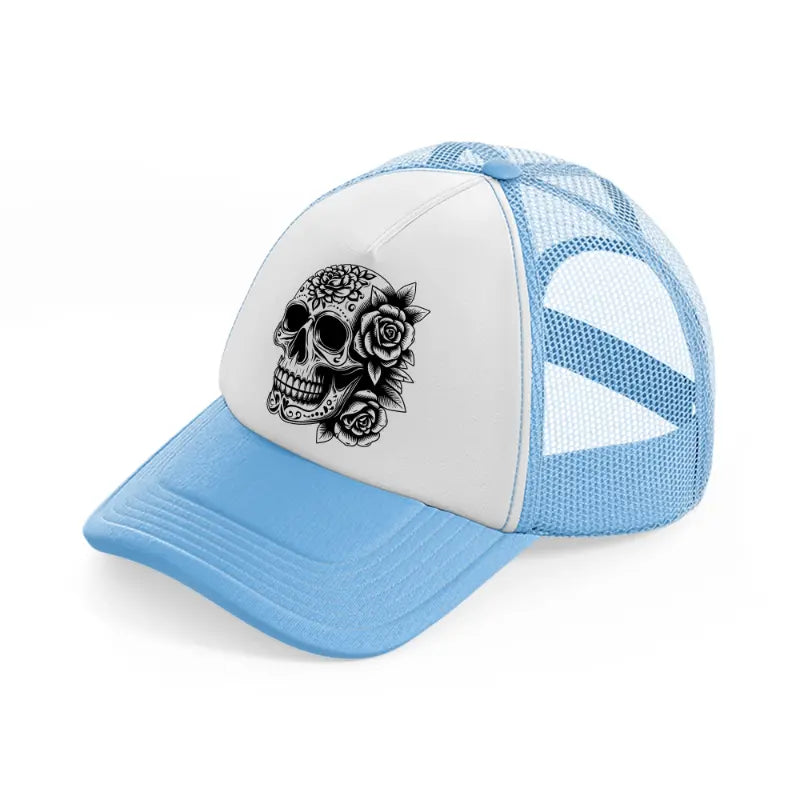 skull head flower-sky-blue-trucker-hat