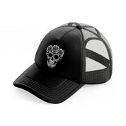 skull head flower  rose black trucker hat