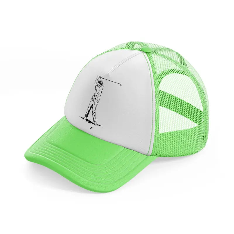 golfer taking shots b&w-lime-green-trucker-hat