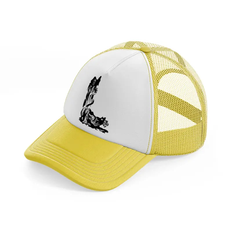 dark art work yellow trucker hat