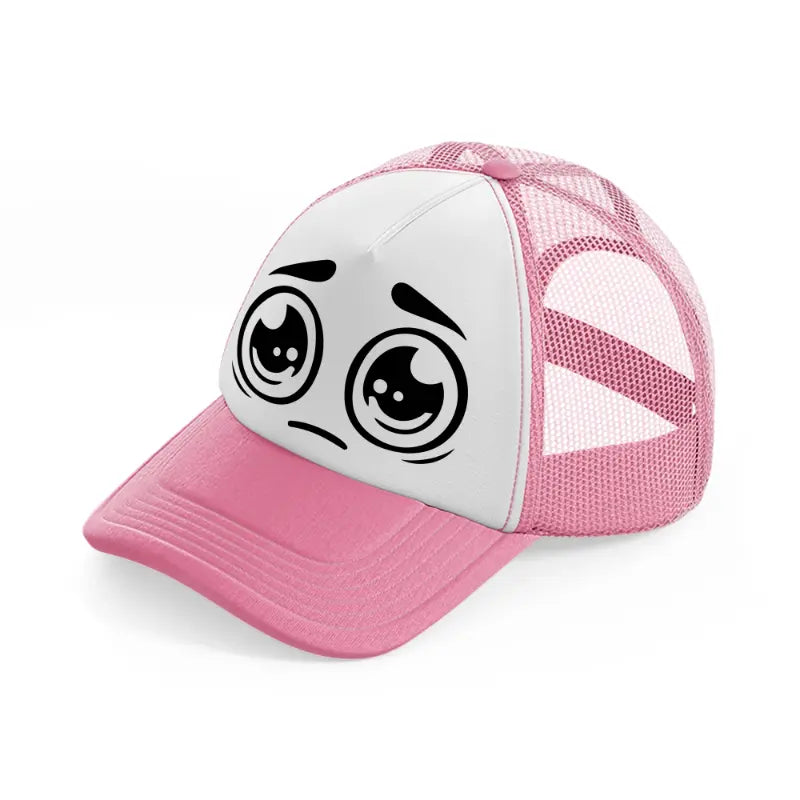 crying face pink and white trucker hat