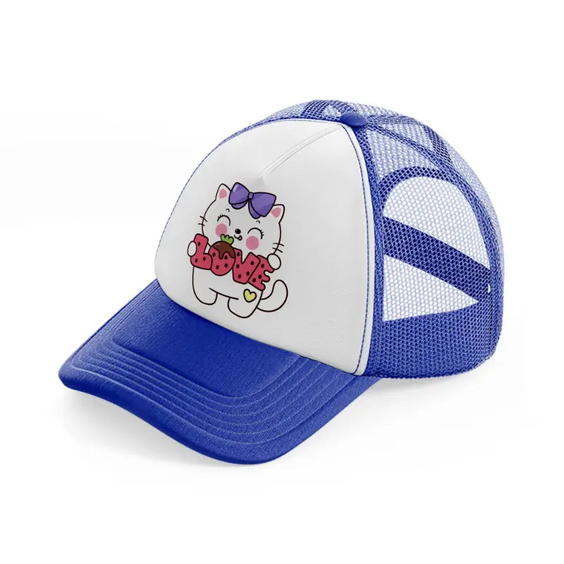 white cute cat-blue-and-white-trucker-hat