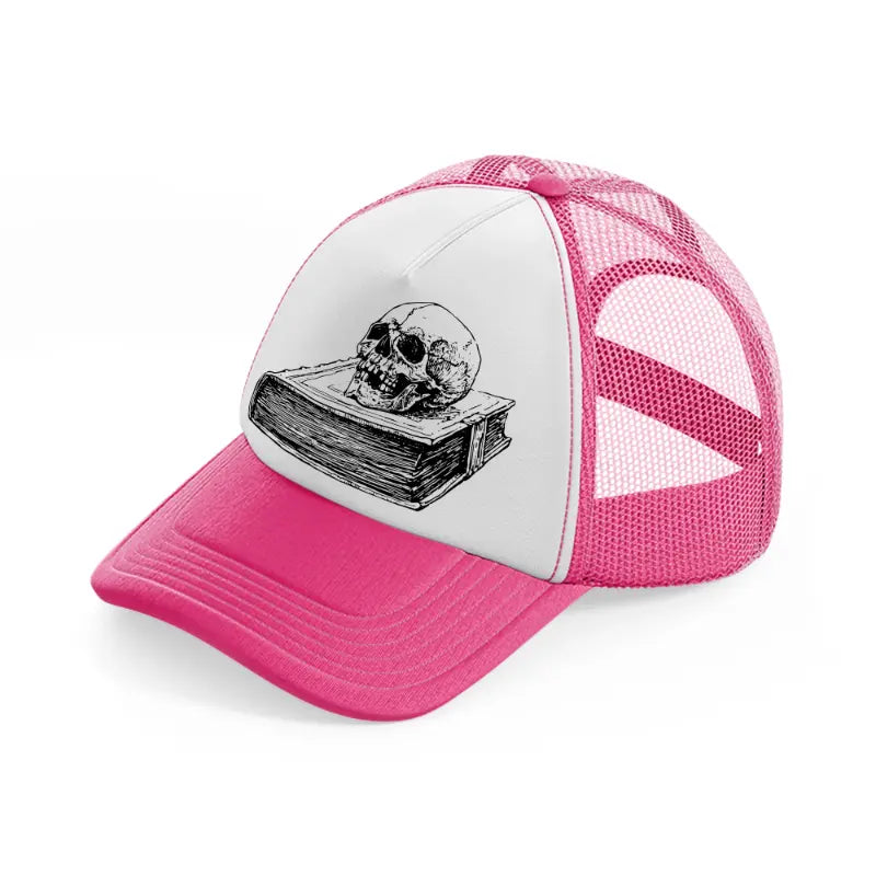 skull in book-neon-pink-trucker-hat