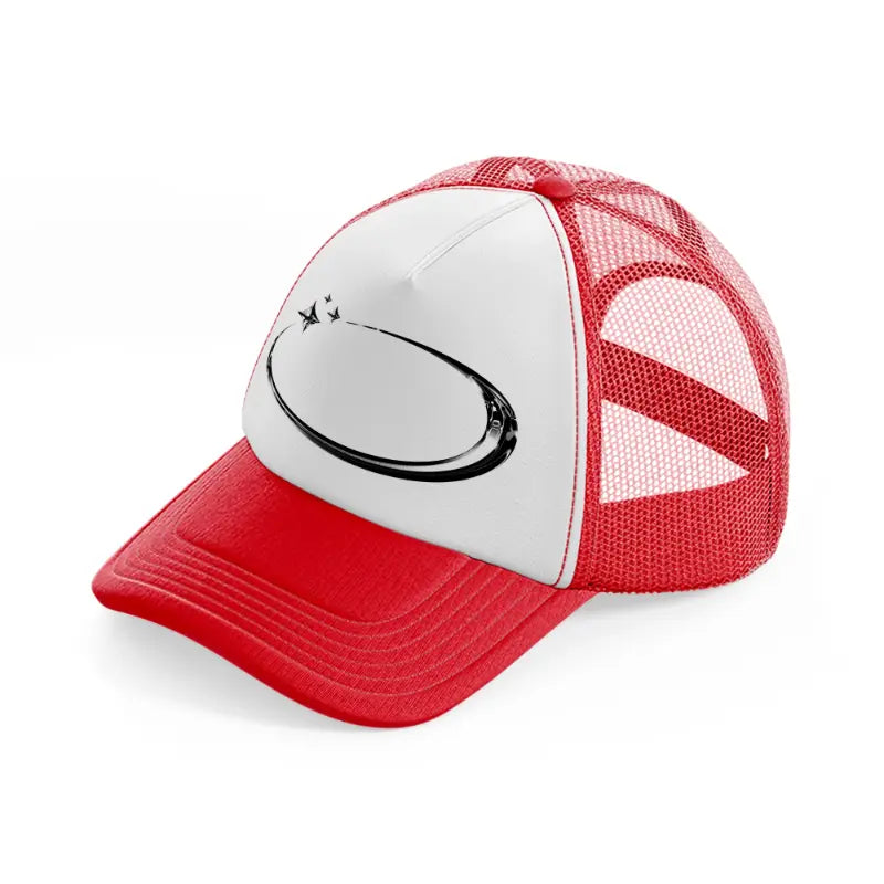 oval red and white trucker hat