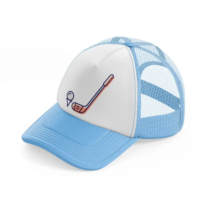 golf stick pink sky blue trucker hat