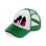 pair of stilettos green and white trucker hat