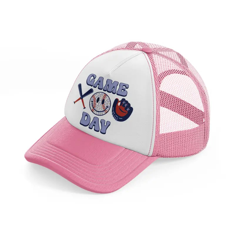 game day-pink-and-white-trucker-hat