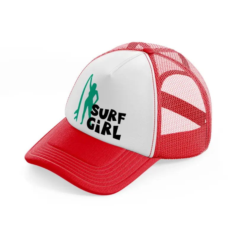 standing surf girl red and white trucker hat