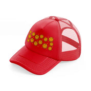 yellow smilies-red-trucker-hat