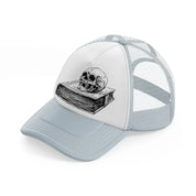 skull in book grey trucker hat