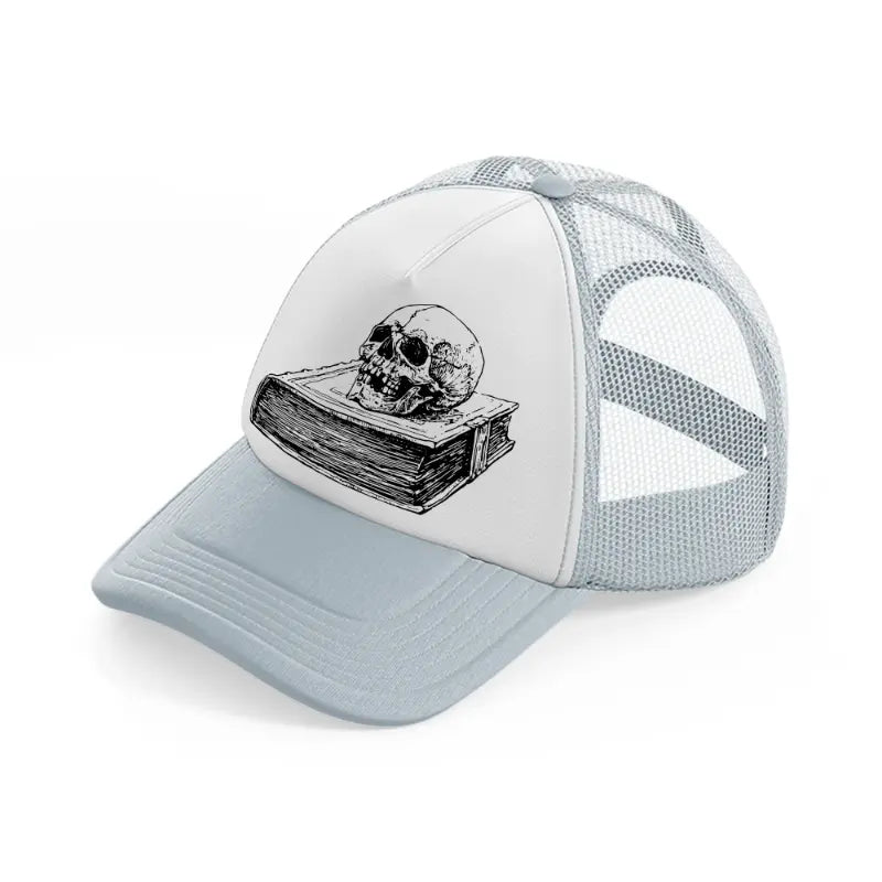 skull in book-grey-trucker-hat