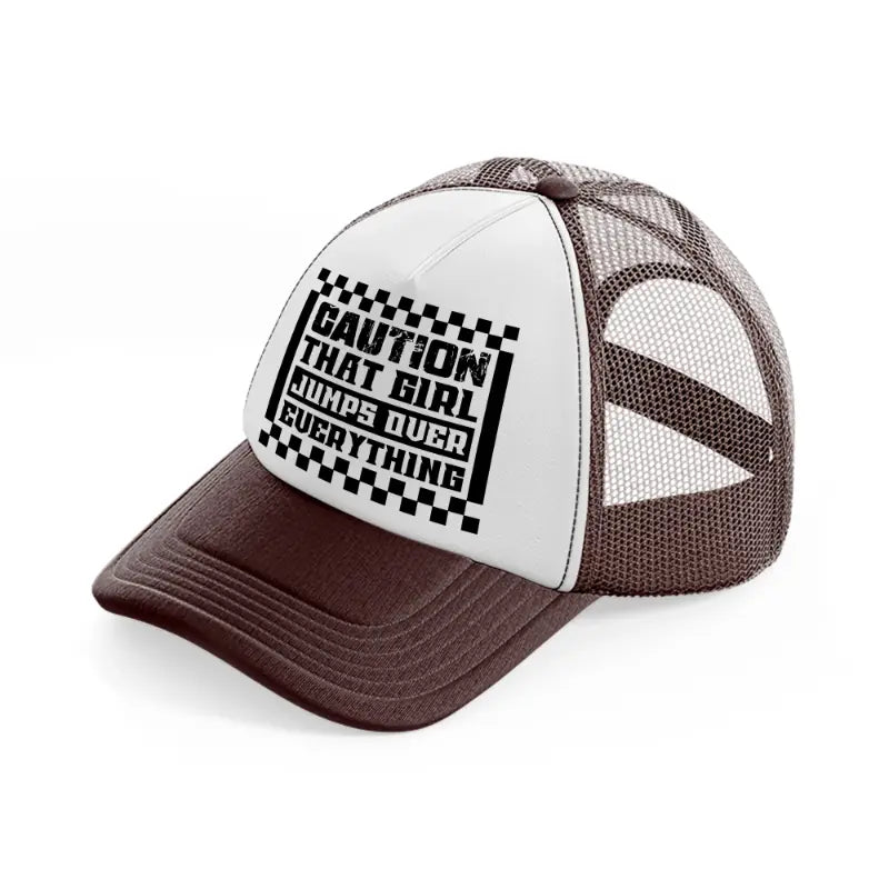 caution that girl jumps over everything-brown-trucker-hat